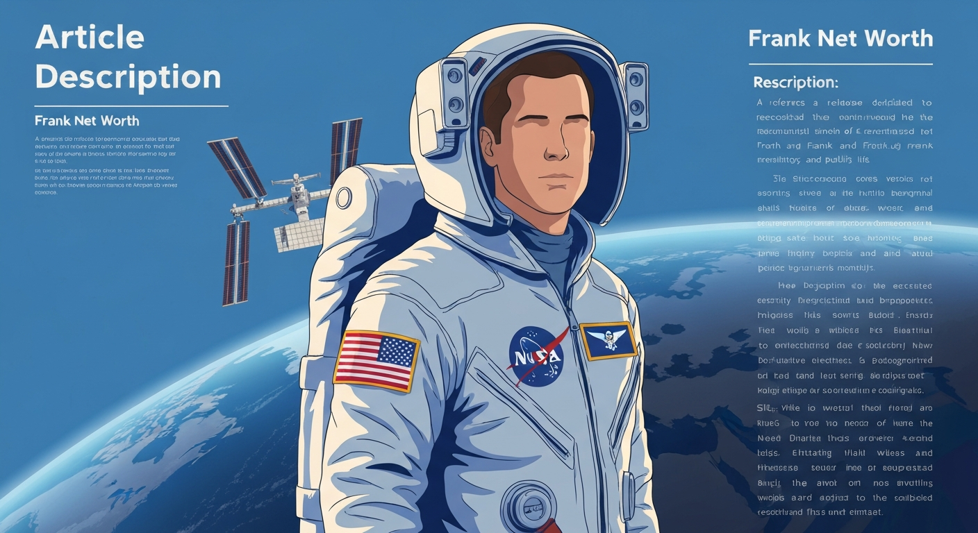 Stylized illustration of an astronaut in a NASA-style flight suit with the International Space Station and Earth behind them, editorial layout suitable for a net-worth profile.
