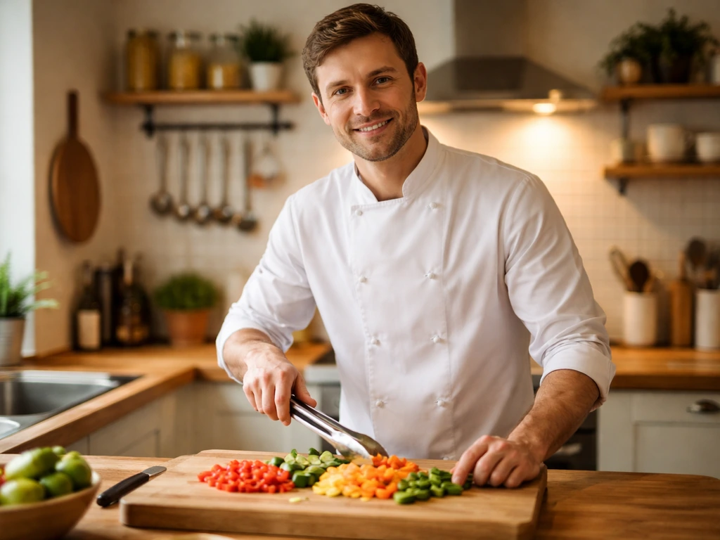 Chef in a simple home-kitchen setup holding tongs near a cutting board, ready to cook for a TV-style segment.