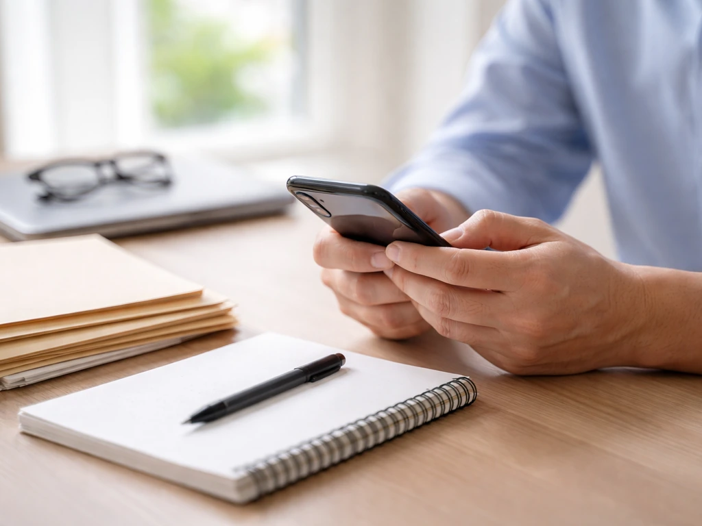 Hands on a desk with phone, folders, and notepad, symbolizing verifying and updating an estimate