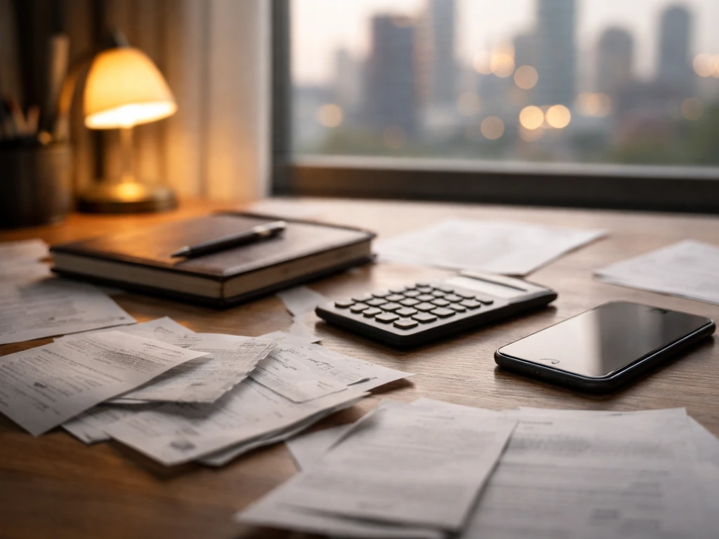 Minimal desk scene with scattered business documents and a calculator, symbolizing pieced-together financial clues.