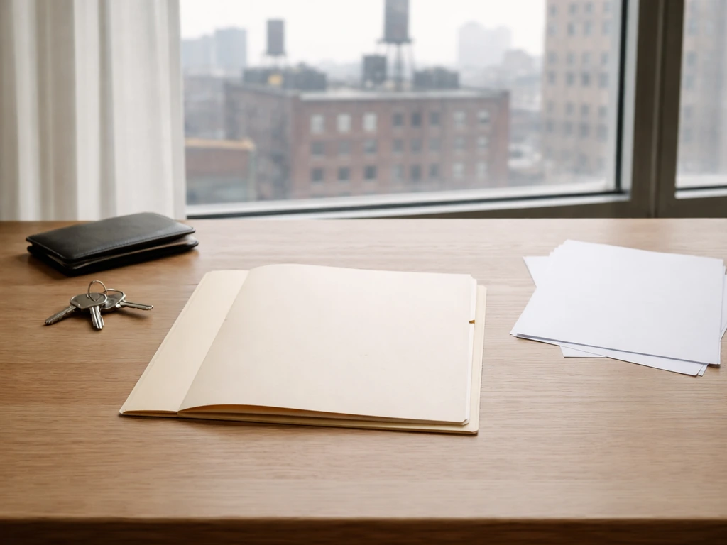 Minimal desk scene with a single open folder and scattered keys symbolizing assets vs debts balance.