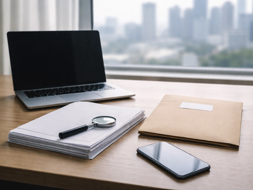 Minimal office desk scene showing verification-style business materials and an investor filings envelope