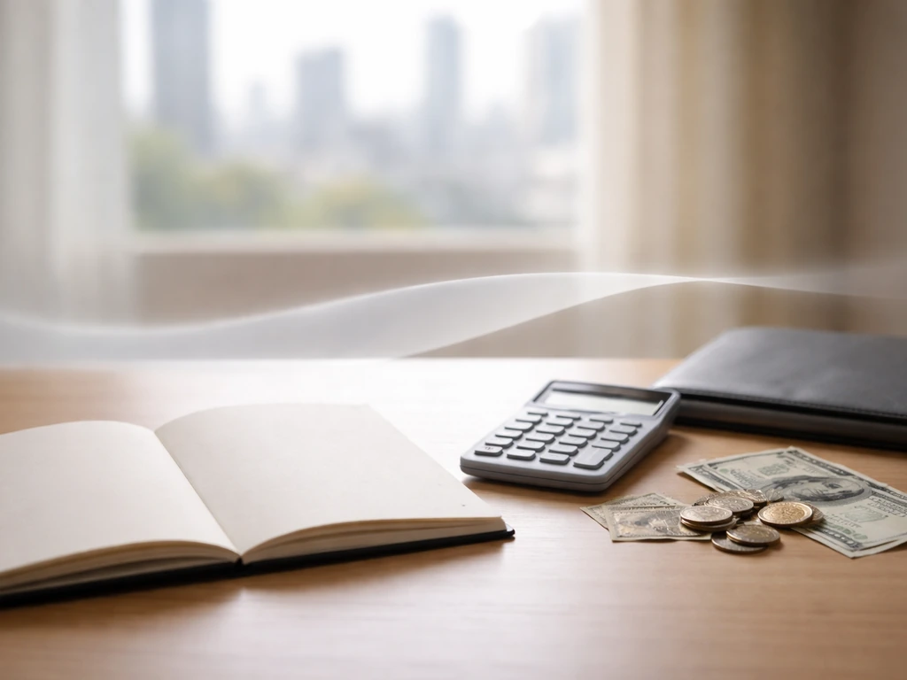 Close-up of an anonymous desk with calculator, notebook, coins, and soft light haze implying uncertainty.