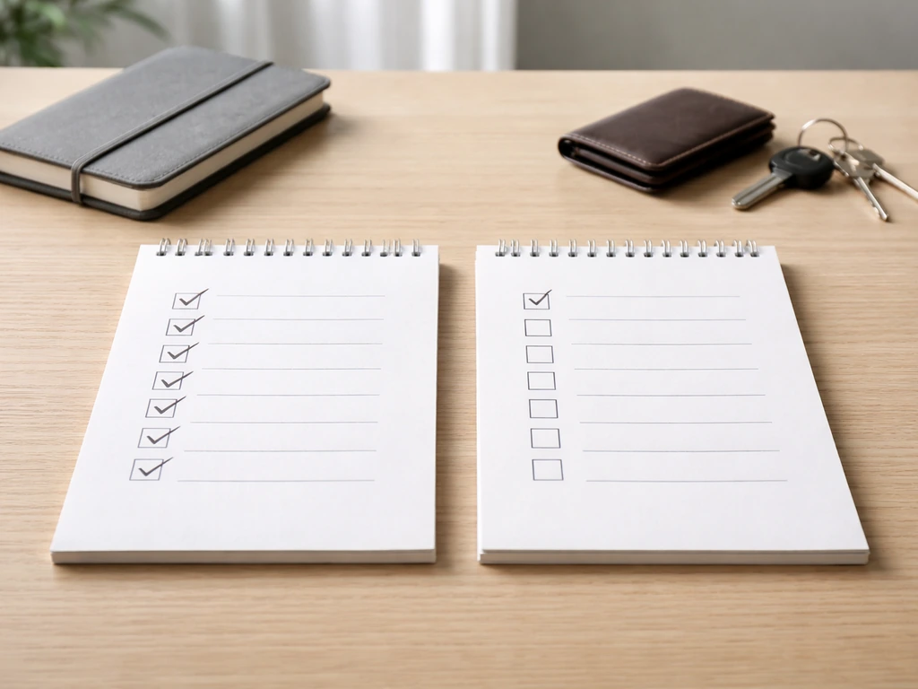 Side-by-side blank checklists on a desk showing included items checked and excluded items empty.