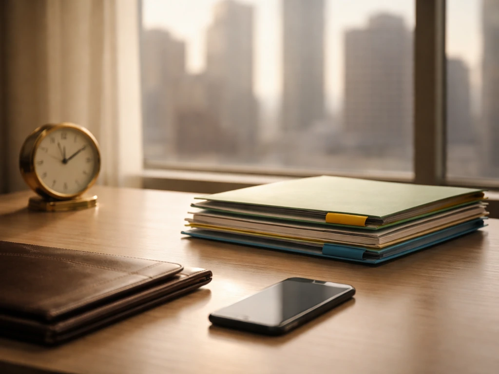 Minimal financial office desk with folders and city view, symbolizing steady wealth built over time.