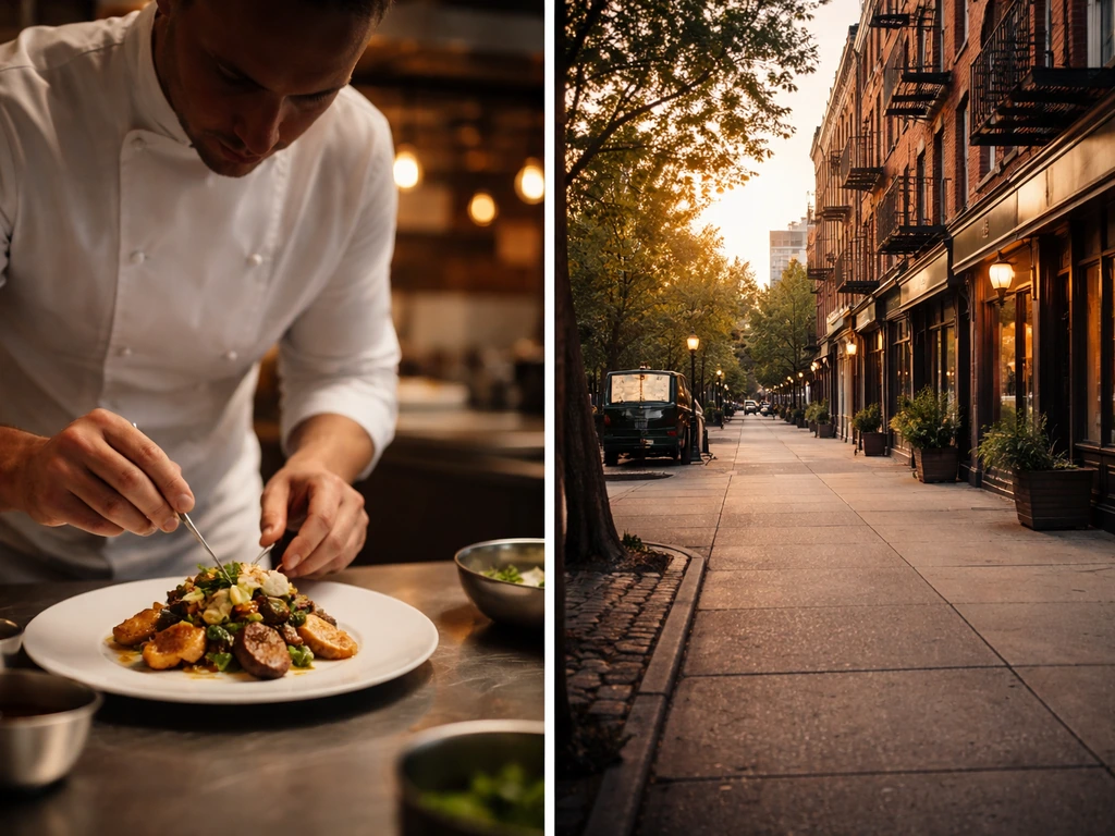 Split-style scene showing anonymous chef cooking and a quiet city street hinting Queens/East Village