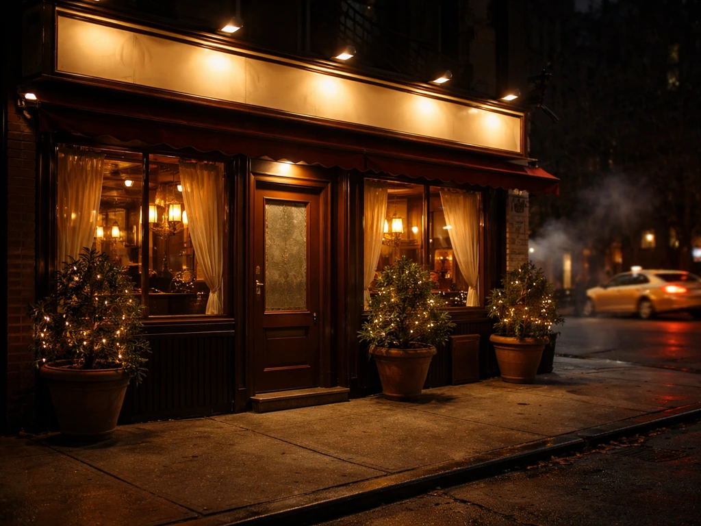 Warmly lit East Village restaurant storefront on a quiet Manhattan street at night.