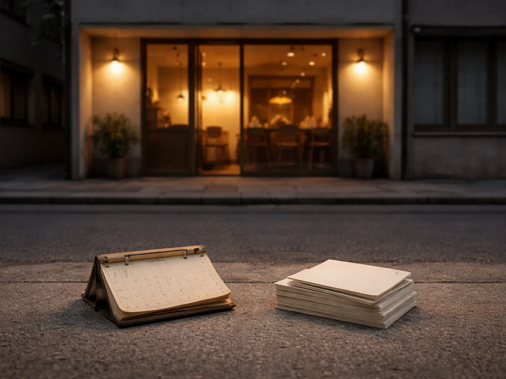 Minimal restaurant storefront scene with warm lights and a small vintage calendar symbolizing early-to-growth years