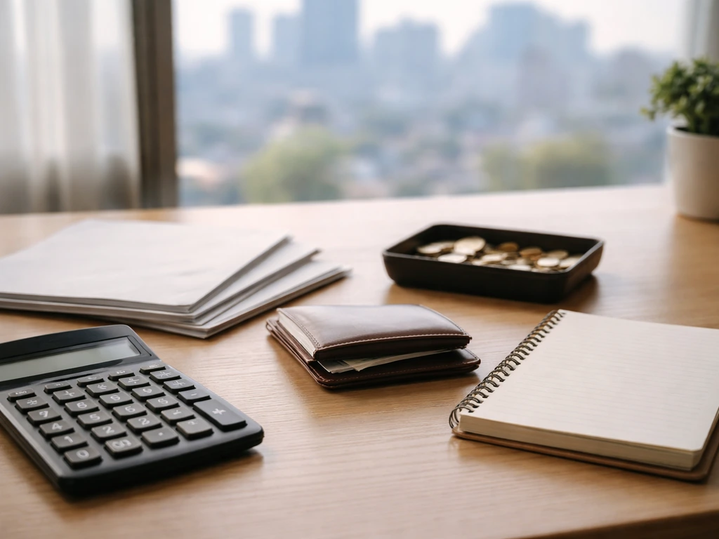 Minimal desk scene with calculator, wallet, coins, and blank papers symbolizing assets minus liabilities.