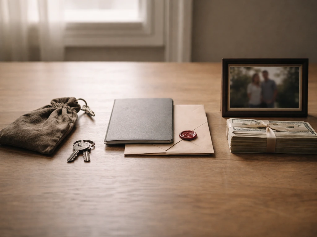 Minimal tabletop scene with three sets of objects arranged left-to-right representing money sources over time