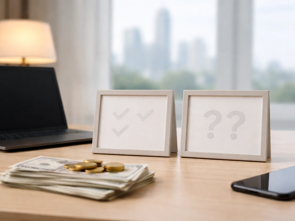 Minimal desk scene with two framed cards showing contrasting “verified vs guessed” symbols, with money items.