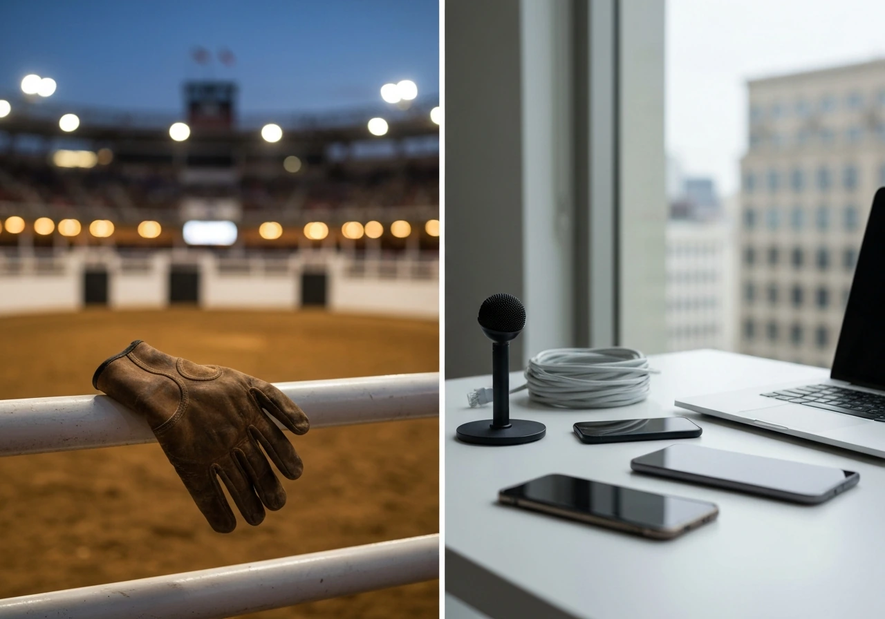 Minimal arena glove scene next to a telecom office desk with cables and small mic, no people.