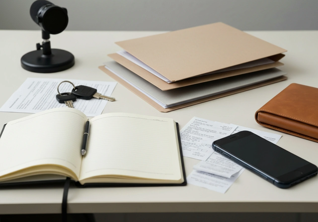 Minimal desk scene with layered objects symbolizing career earnings, assets, liabilities, and triangulation