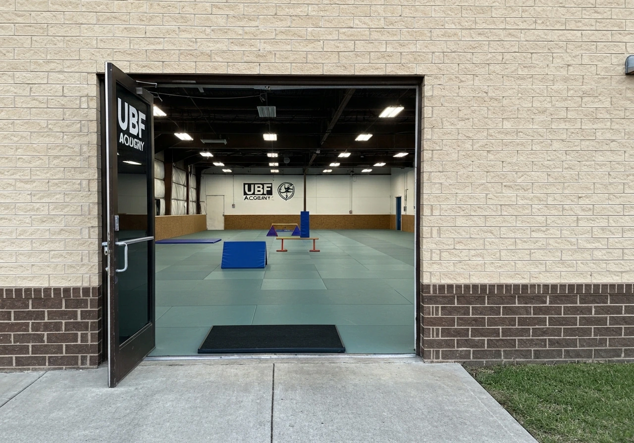 UBF Academy training facility exterior with a glimpse of an indoor practice arena setup