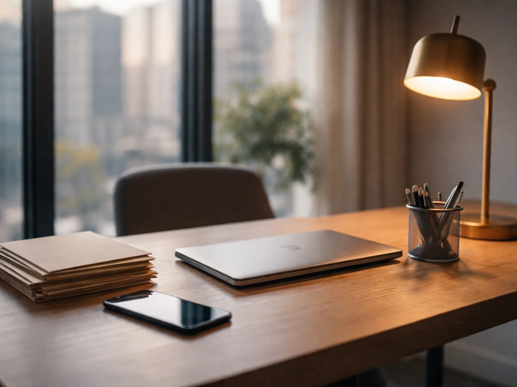 Minimal office desk with laptop and folders, warm natural light, city view through window, no people.