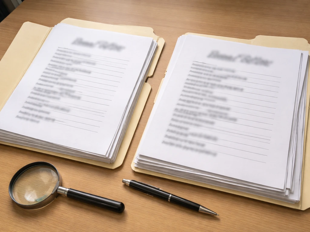 Two manila folders with blurred name variations on a desk, magnifying glass suggesting record comparison.