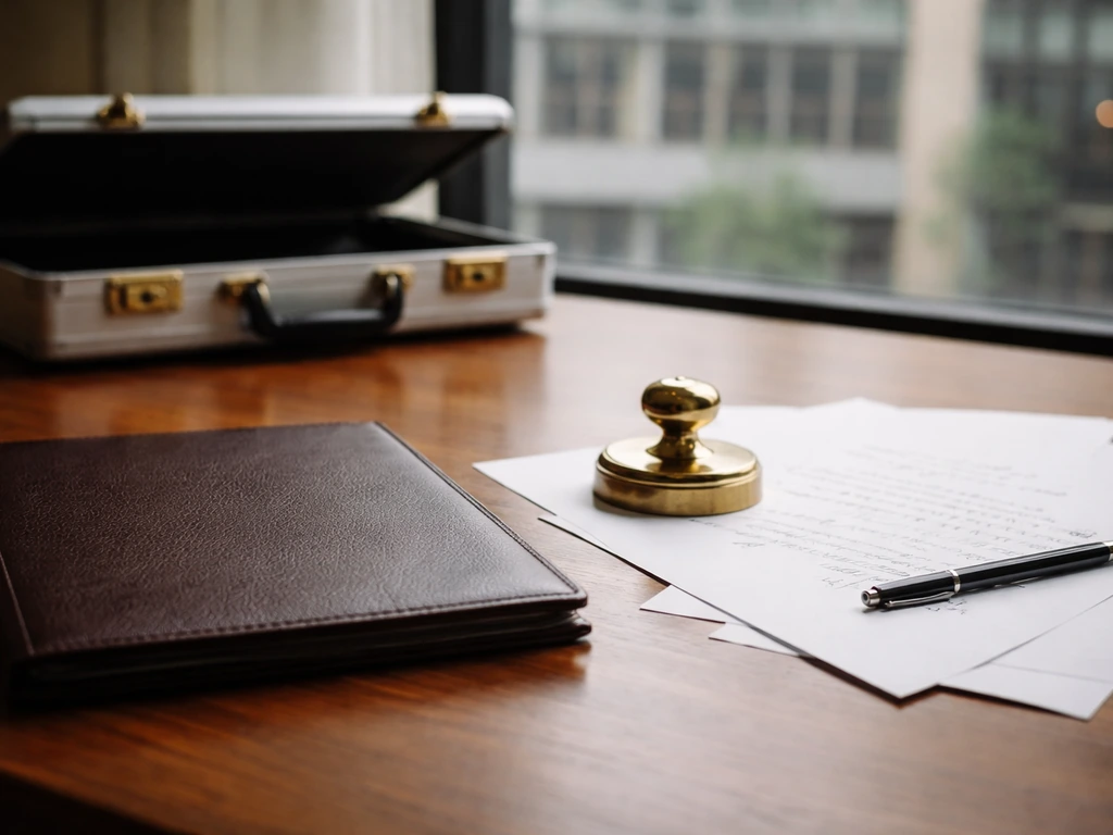 Minimal desk scene with documents and an open briefcase symbolizing ownership stakes and contracts.
