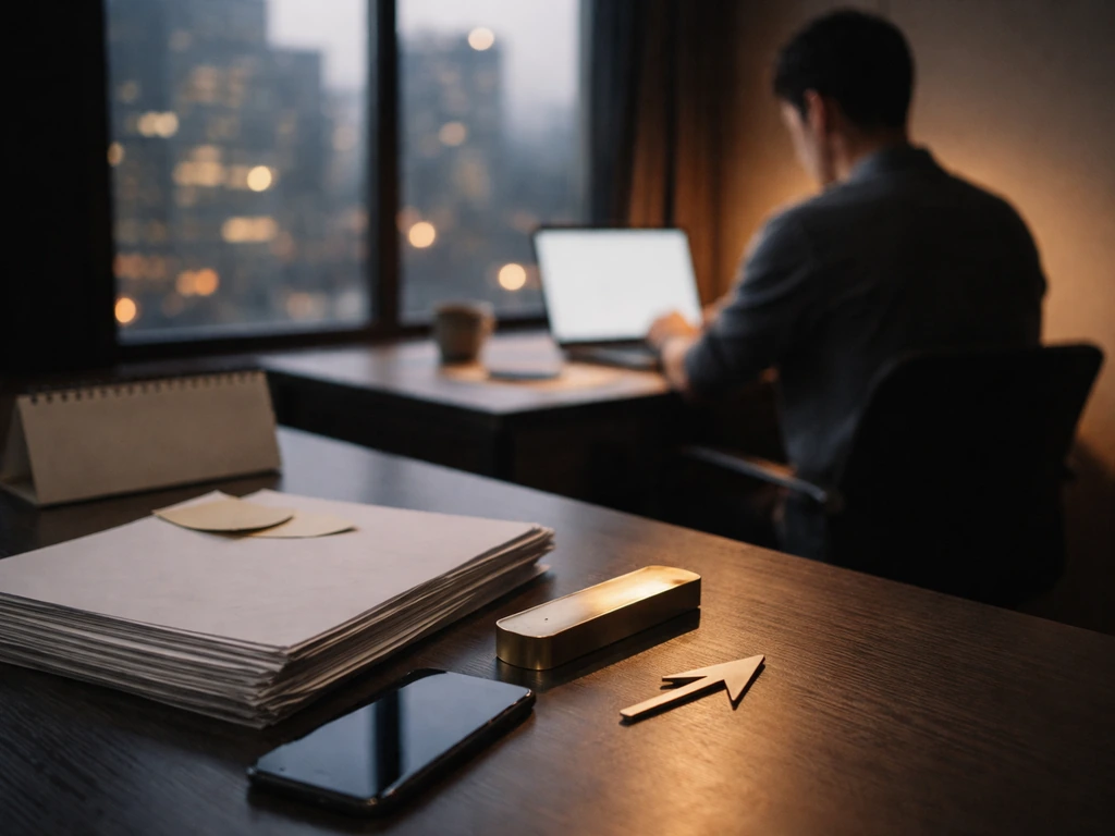 Person in a minimal finance office with documents, a laptop, and subtle arrow-shaped detail on the desk.