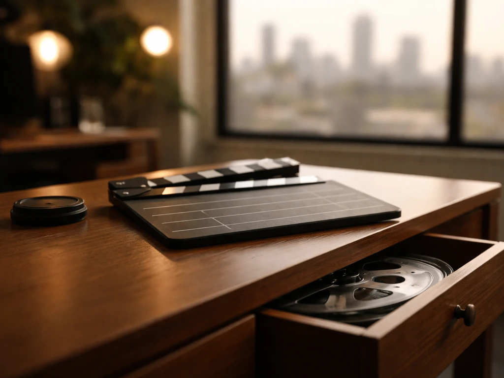 Minimal photo of a film studio office desk with a blurred clapperboard and city skyline through window