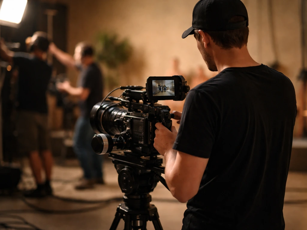 Director and small film crew on a theater-comedy set with a handheld camera and natural lighting