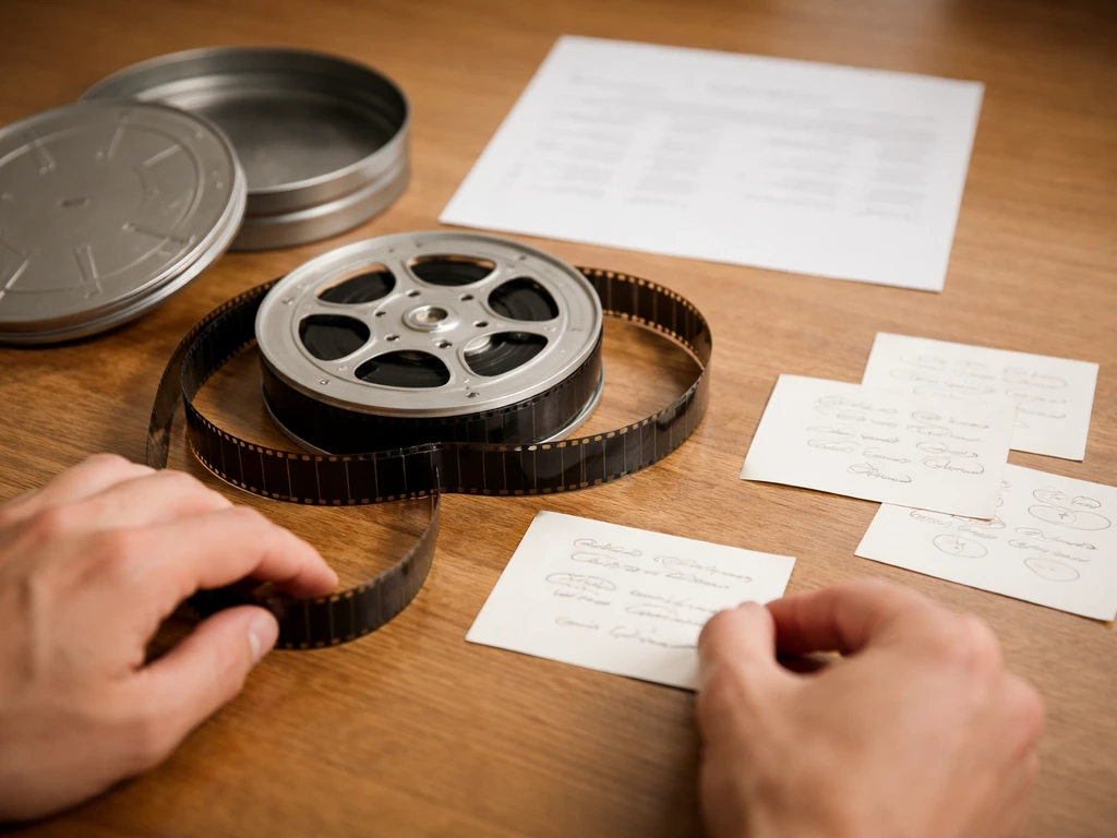 Hands placing a small film reel beside a blurred box-office report mockup with notes about backend profit points