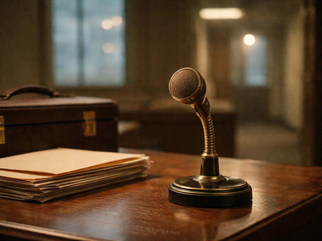 Late-1970s inspired office desk with a vintage microphone and briefcase, symbolizing finance and media analysis.
