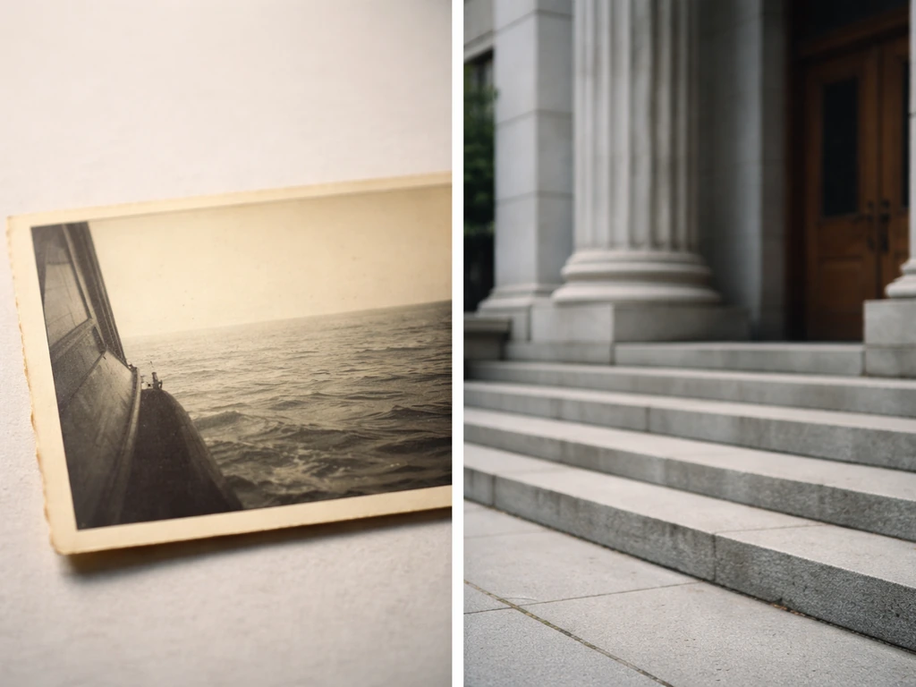 Minimal composite with vintage naval-era photo feel and separate courthouse vibe to show two identities