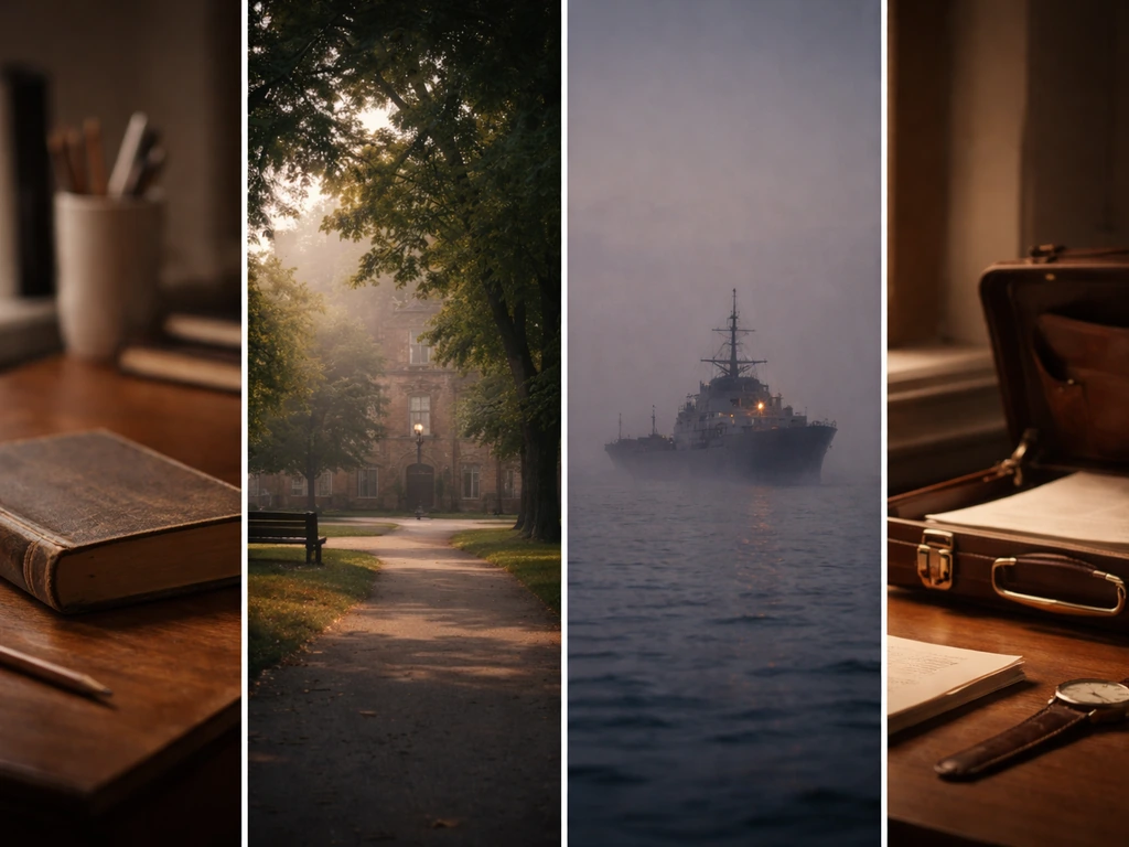 Minimal collage-like photo of a campus book, naval ship silhouette, and briefcase symbolizing a career timeline