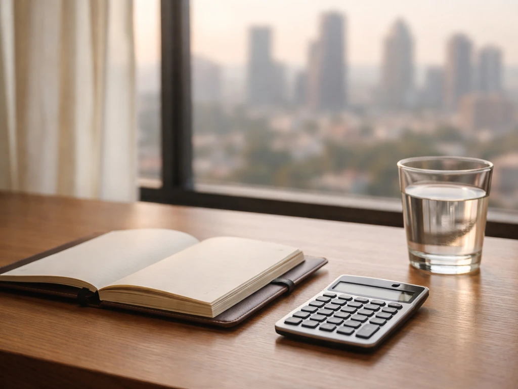 Minimal office scene with a notebook and calculator, symbolizing careful net worth estimation confidence.
