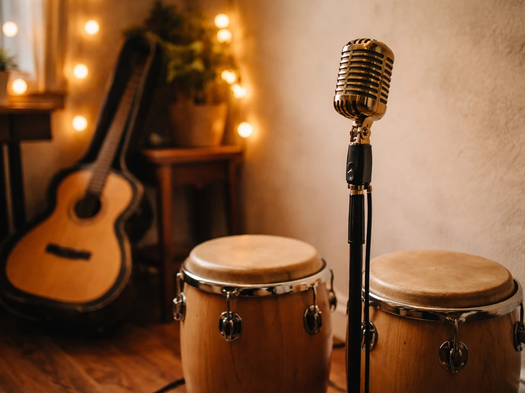 Warm studio corner with a microphone and conga drums, evoking salsa songwriting without any person.