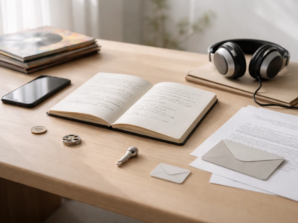 Minimal studio desk with scattered music and finance clues suggesting how public signals shape estimates