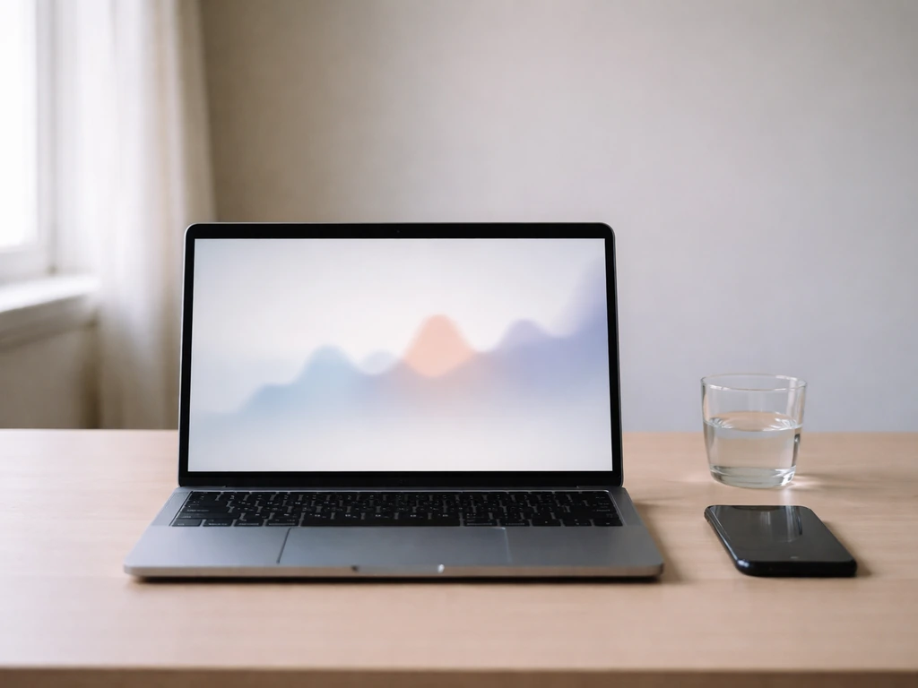 Minimal financial timeline scene with a laptop and blurred graphs suggesting peaks and dips