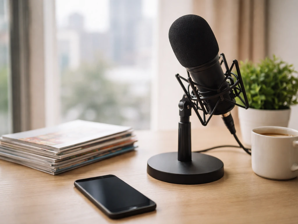Anonymous podcast-studio desk with microphone and phone, symbolizing a health creator’s media workspace.