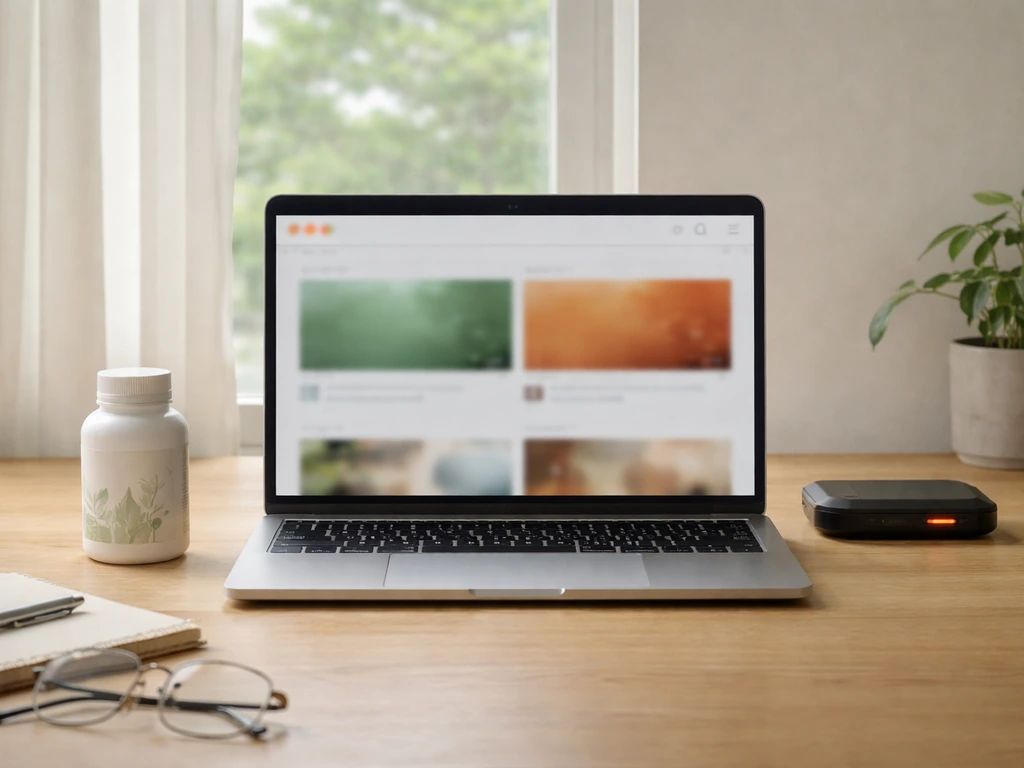 Minimal desk scene showing two distinct brand-era visuals through product-like items and a laptop background.