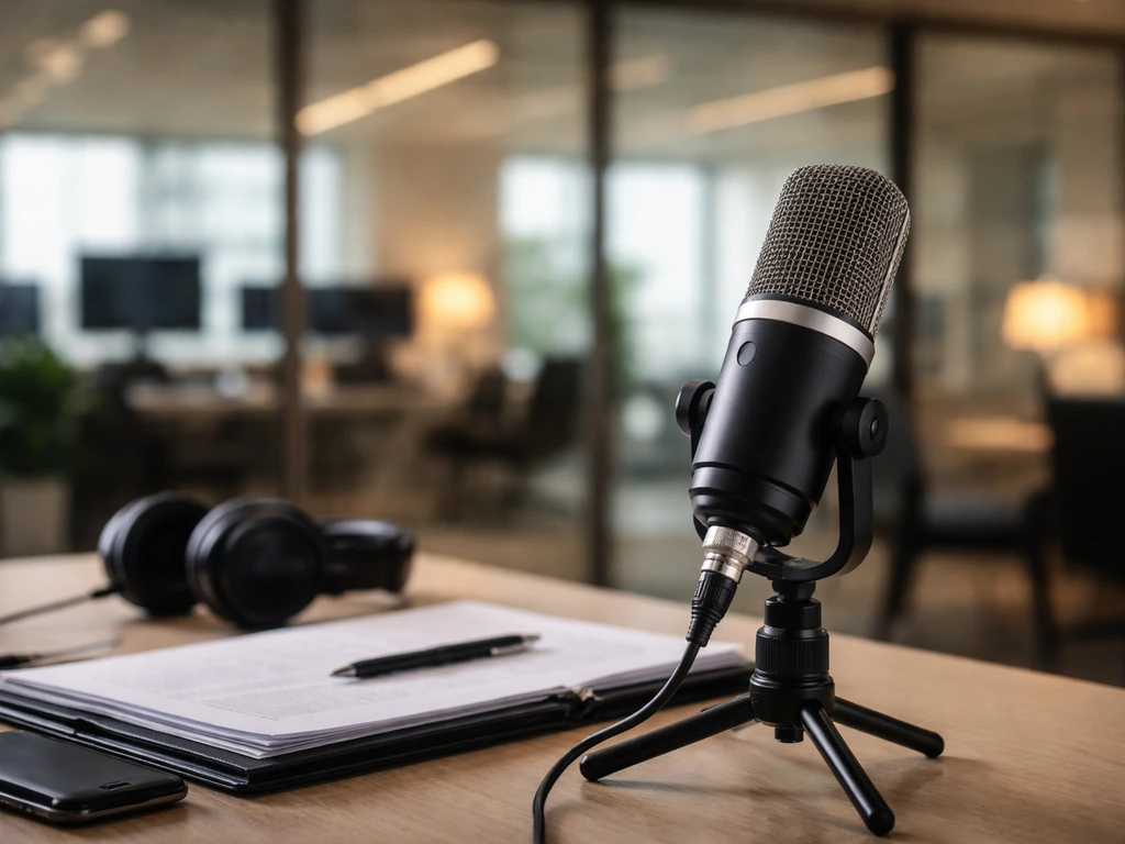 Daytime TV studio desk scene with a microphone and softly lit office background, symbolizing media wealth analysis.