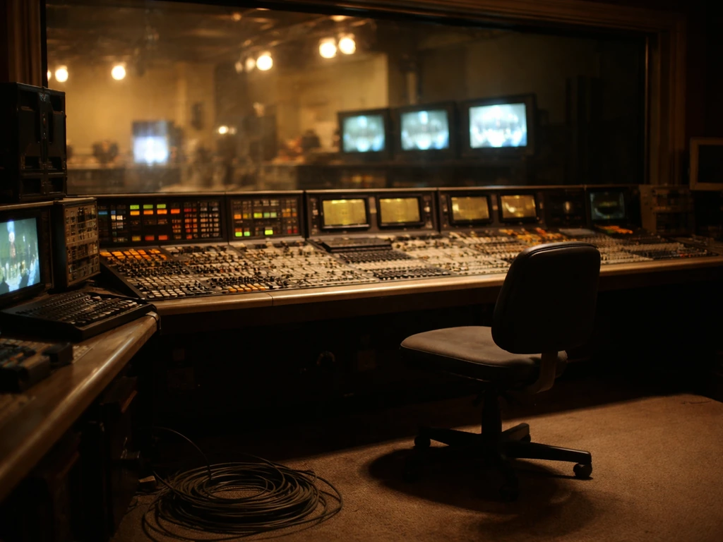 Empty TV studio control room with vintage equipment and warm monitors referencing One Life to Live era