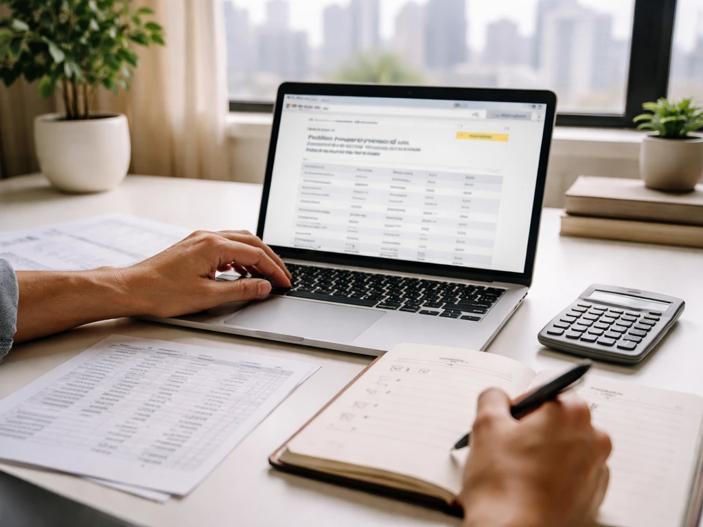 Person reviewing property record search results on a laptop with spreadsheets on a desk in natural light.