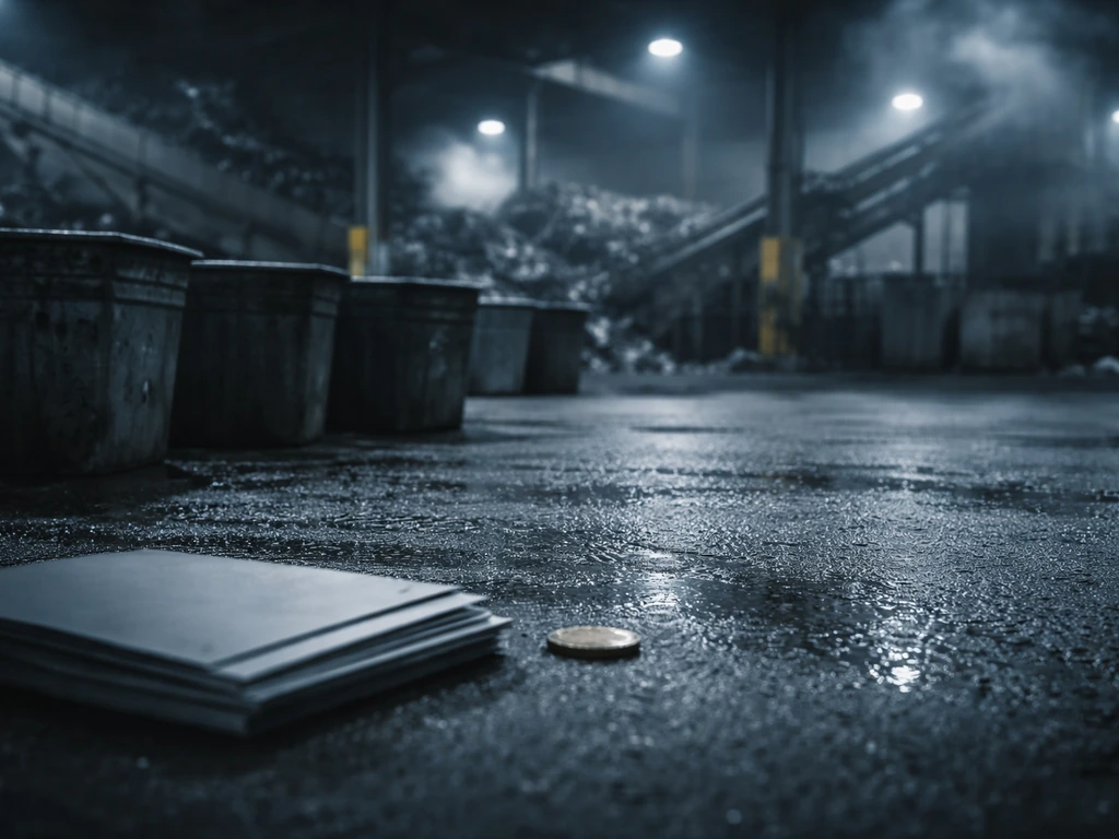 Gritty recycling facility with worn metal bins and a coin, suggesting money and net worth analysis.
