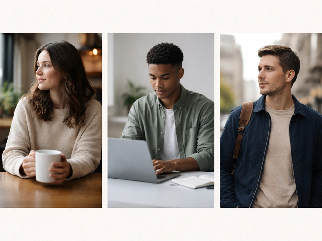 Three anonymous photo tiles of different people in simple settings, suggesting name disambiguation
