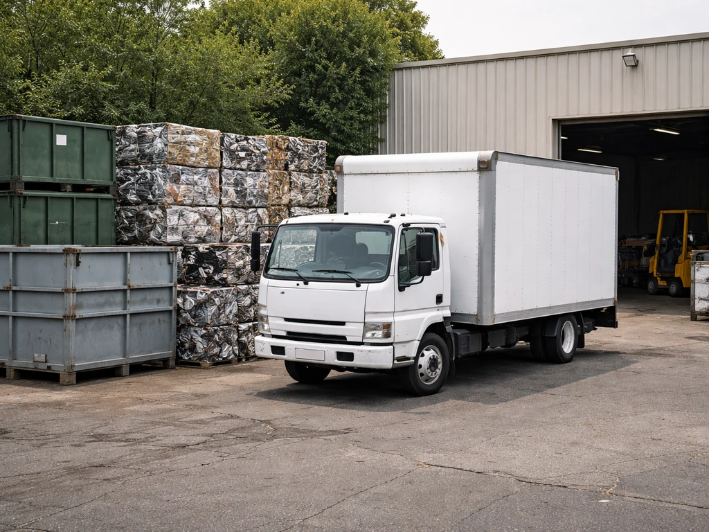 Single freight truck beside a small recycling yard with scrap bins and loading area, no people.