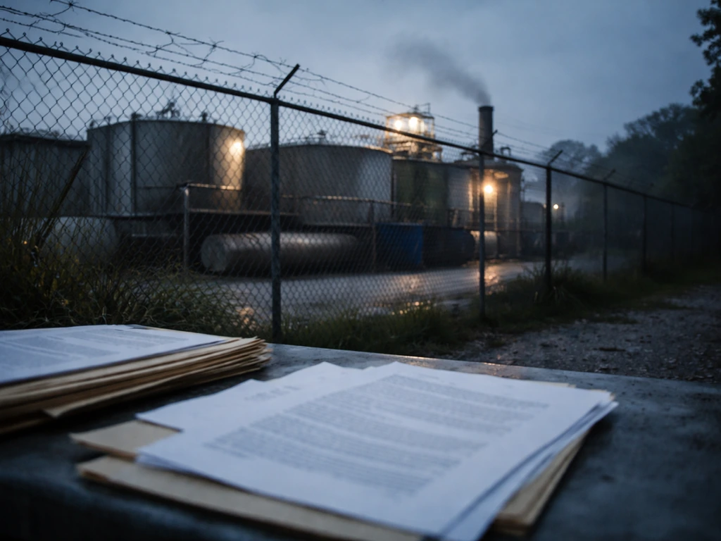 Fenced industrial facility with blurred court-document pages in foreground, suggesting environmental dispute and legal s