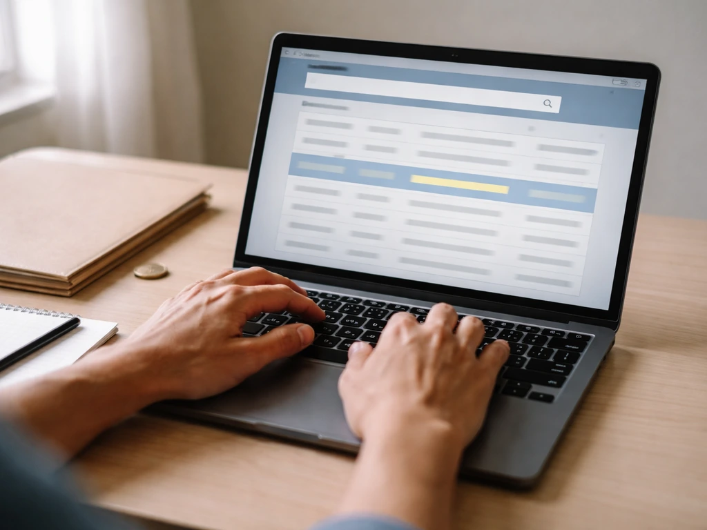 Anonymous hands track a public filing search workflow on a laptop at a minimal desk.