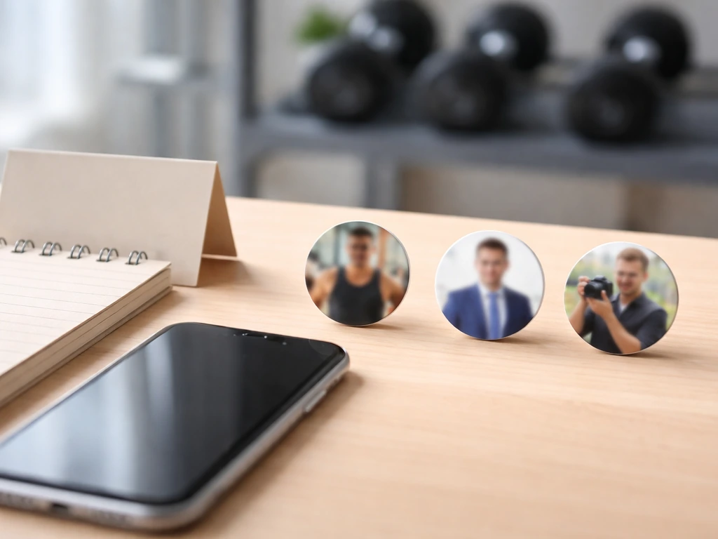 Smartphone and blank notepad on a desk beside abstract identity tokens, with a softly blurred gym background.