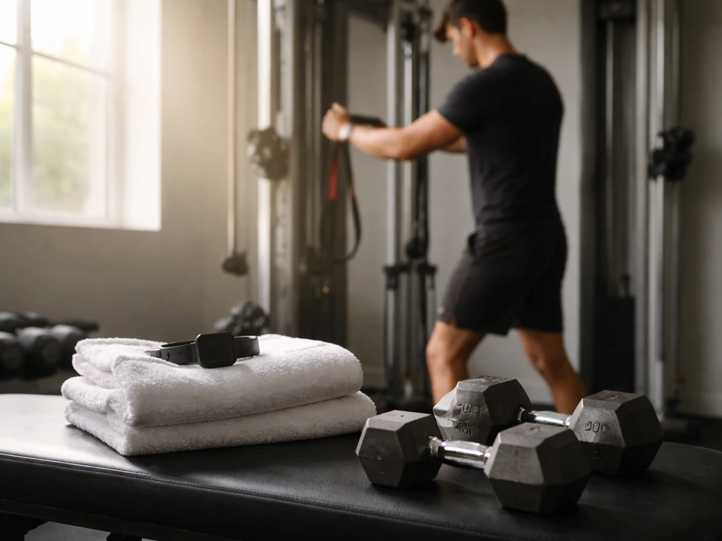 Anonymous gym training scene with dumbbells and a fitness workspace vibe suggesting career growth