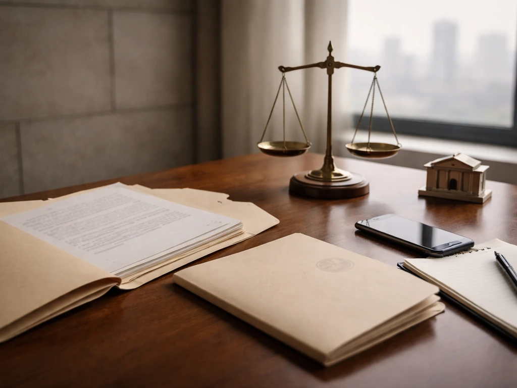 Minimal desk scene with legal documents and a small desk scale symbolizing liability and legal matters.