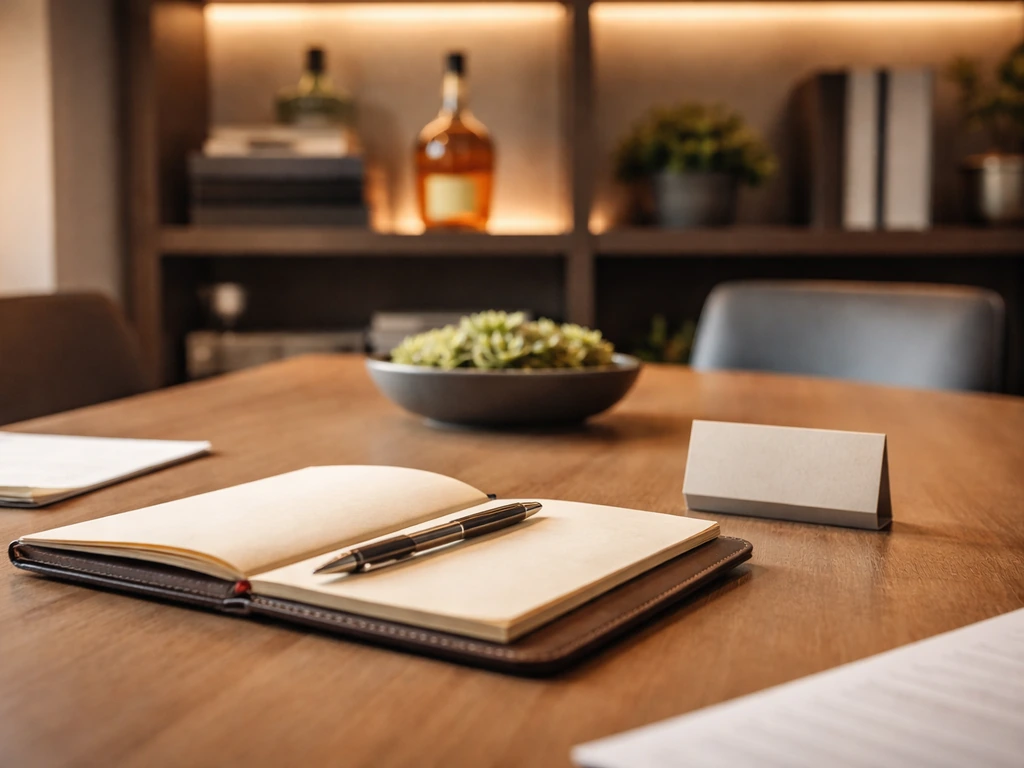 Minimal restaurant office desk with a whisky bottle blurred in the background to avoid brand confusion.