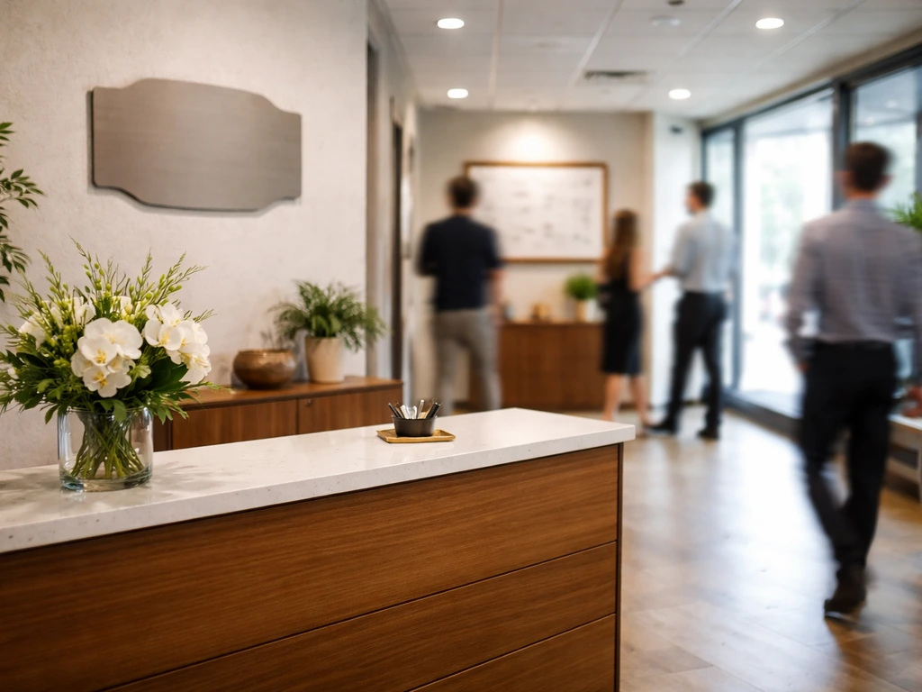 Minimal restaurant group office lobby with reception desk and blank signage, suggesting leadership documentation context