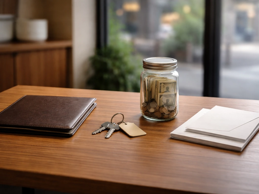 Restaurant group owner’s net worth components symbolized by a clean desk with cash, keys, and loan papers