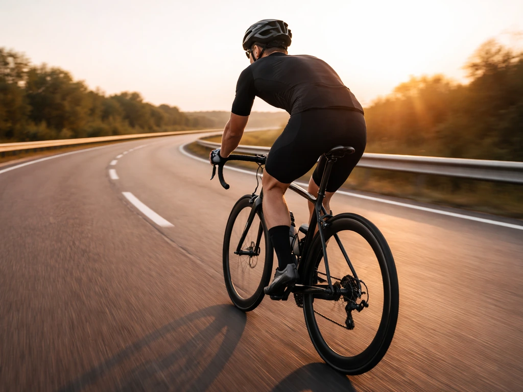 Cyclist riding on an open road at golden hour, evoking American cycling history and public-profile focus.