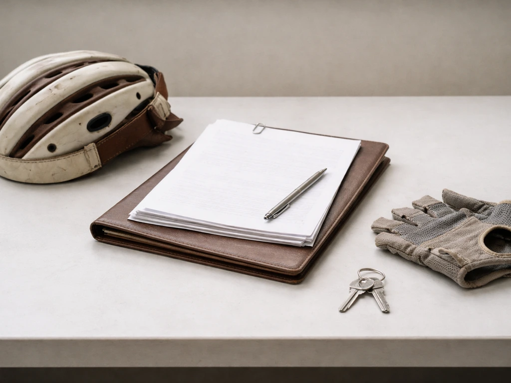 Close-up of cycling contract and endorsement-related documents laid beside a vintage bicycle helmet